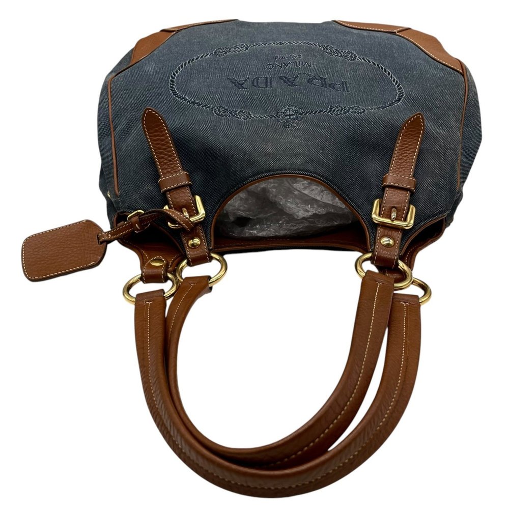 PRADA Prada Logo Jacquard Tote Bag Shoulder Denim Leather Blue Brown Gold Har... - Picture 7 of 16